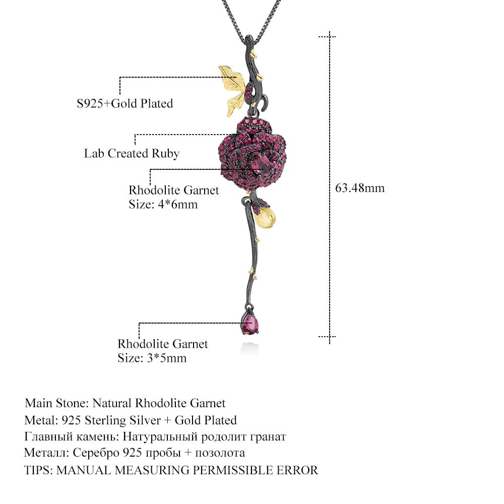 925 Sterling Silver Natural Rhodolite Garnet & Lab Created Ruby & Flowers Necklace - 4