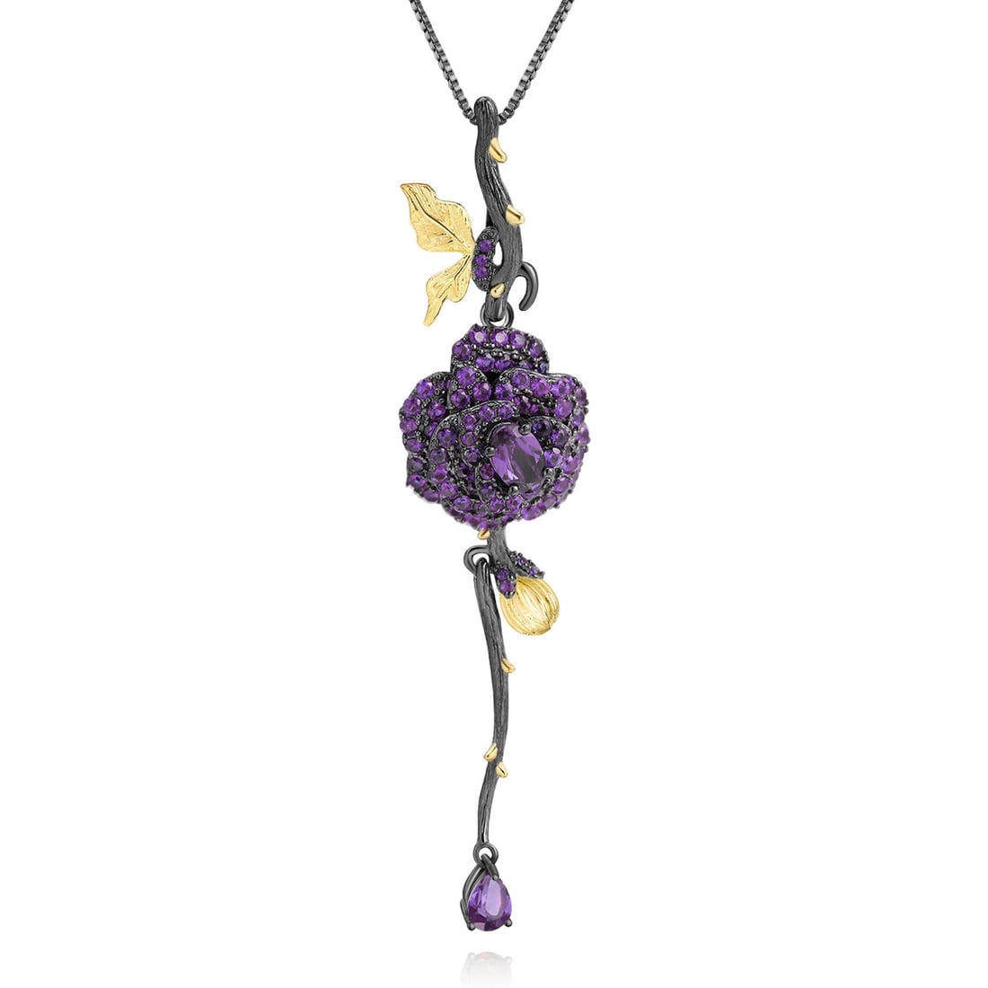 925 Sterling Silver Natural Rhodolite Garnet & Lab Created Ruby & Flowers Necklace - 5
