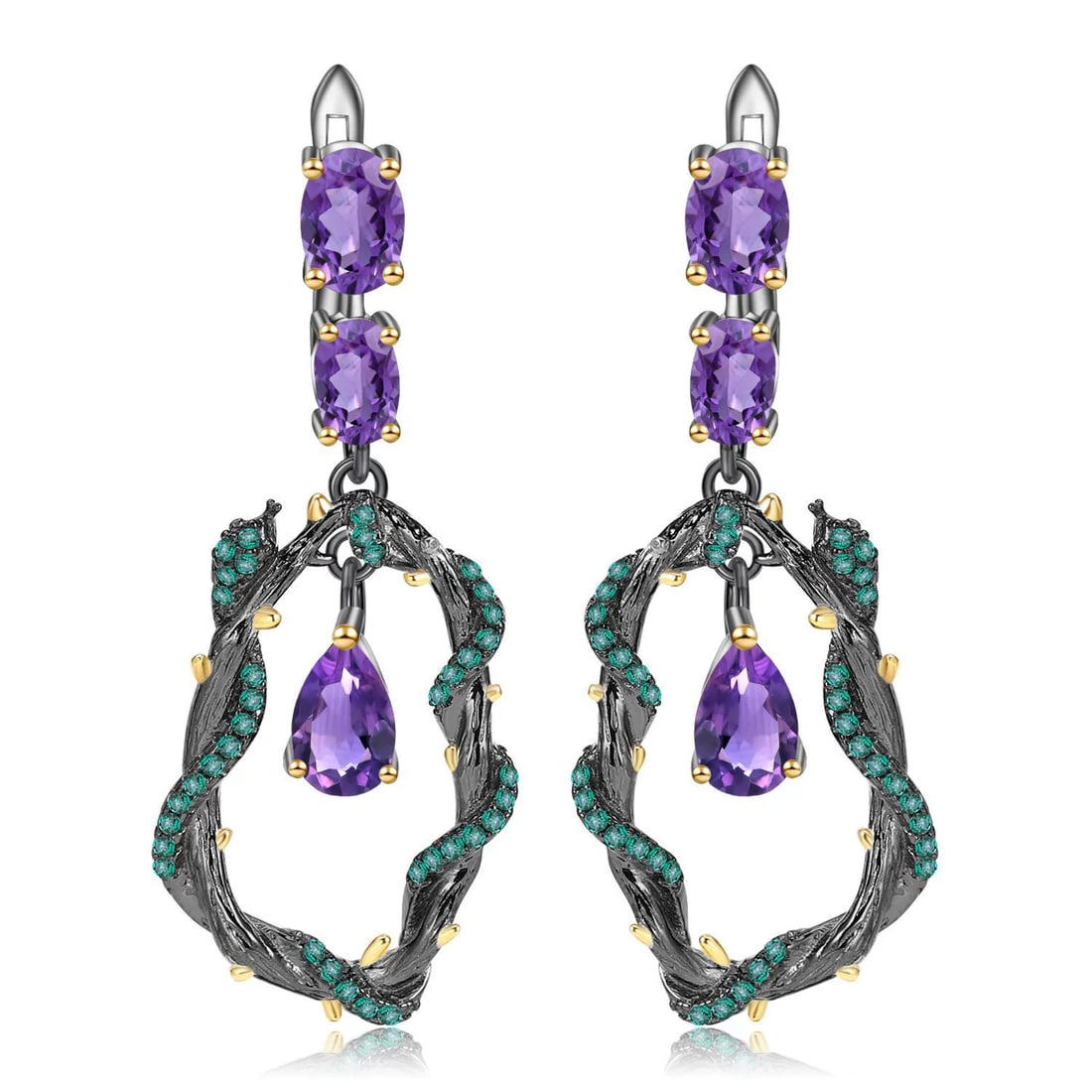 925 Sterling Silver Natural Amethyst & Nano Emerald Earrings: Ref:260821042 // gold content:925 sterling silver // main gemstone:amethyst // shape:multiple // carat weight:0. 50ct // color:purple // treatment:natural // // adjacent gemstone 2 : nano emerald //