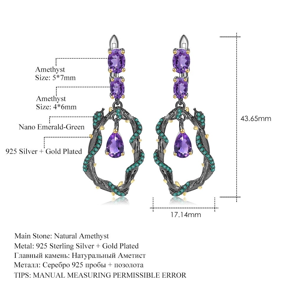 925 Sterling Silver Natural Amethyst & Nano Emerald Earrings - 2