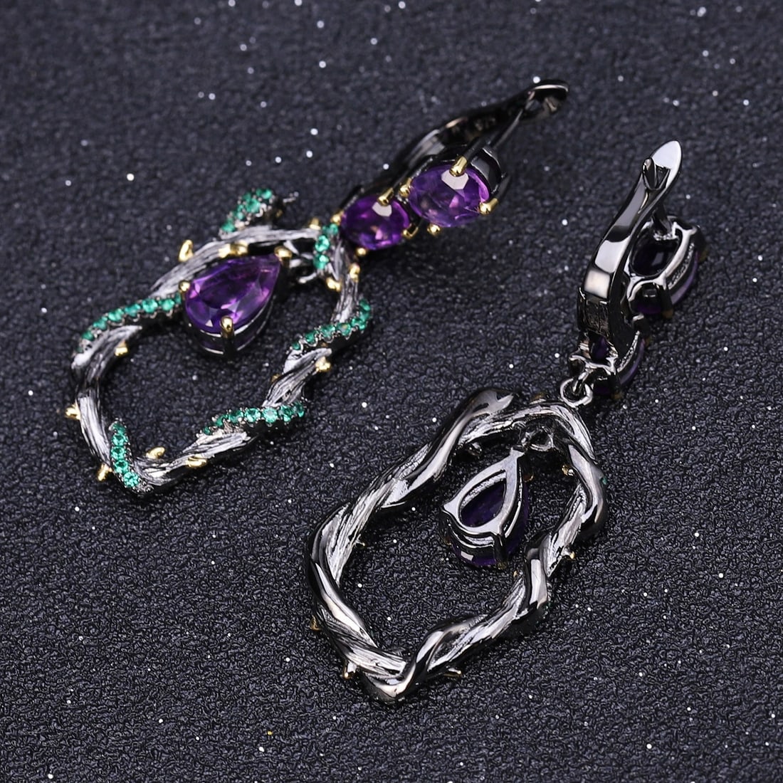 925 Sterling Silver Natural Amethyst & Nano Emerald Earrings - 4
