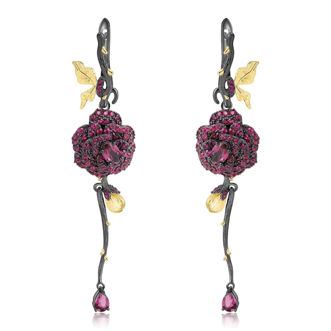 925 Sterling Silver Natural Rhodolite Garnet & Lab Created Ruby & Flowers Earrings: Ref:260821043 // gold content:925 sterling silver // main gemstone:rhodolite garnet // shape:multiple // carat weight: // color:red // treatment:natural // // adjacent gemstone 2 : lab created ruby