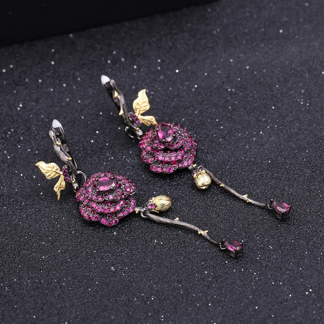 925 Sterling Silver Natural Rhodolite Garnet & Lab Created Ruby & Flowers Earrings - 3
