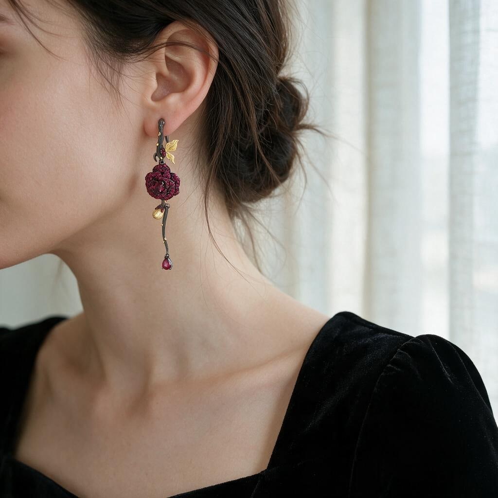 925 Sterling Silver Natural Rhodolite Garnet & Lab Created Ruby & Flowers Earrings - 4