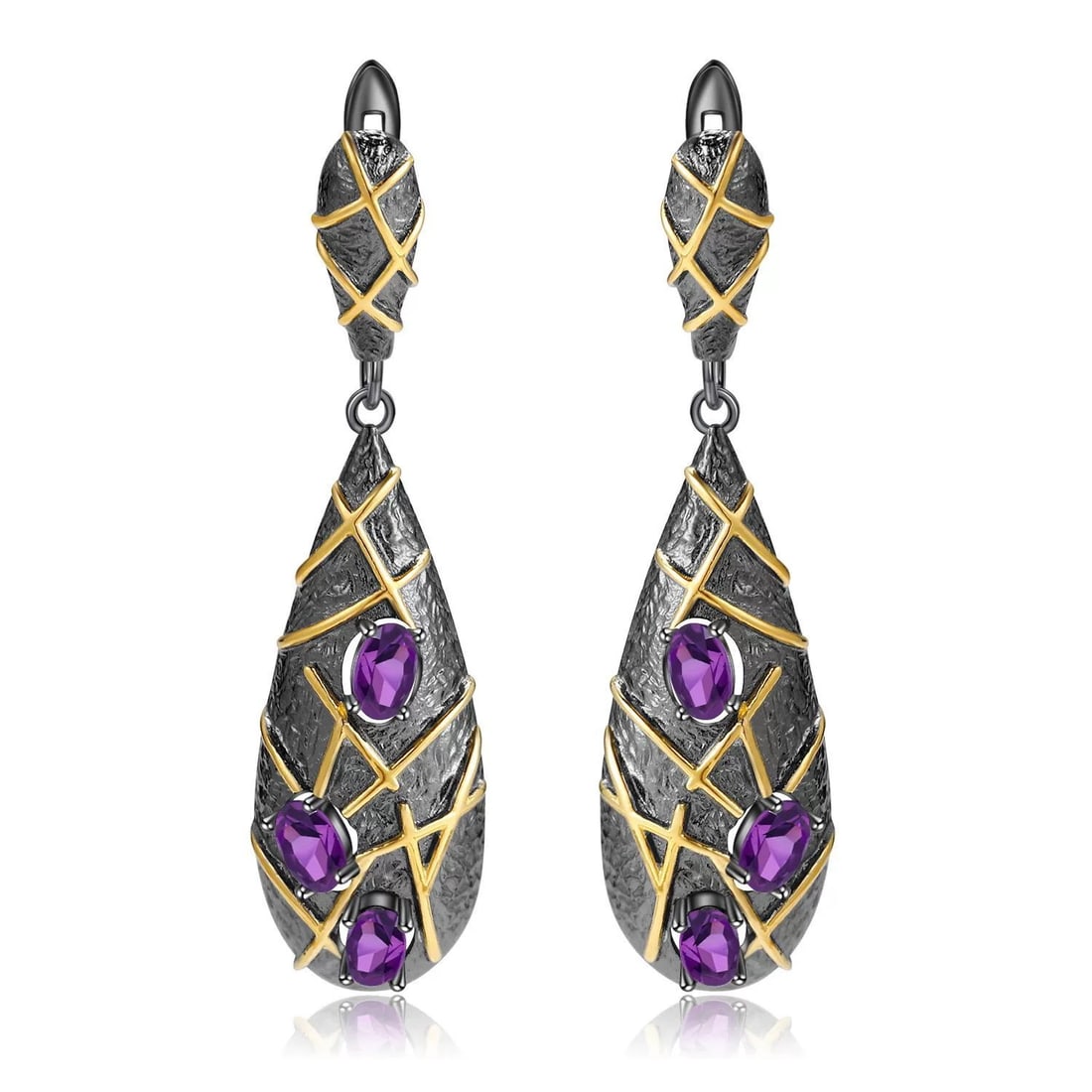 925 Sterling Silver Natural Amethyst Earrings - 2
