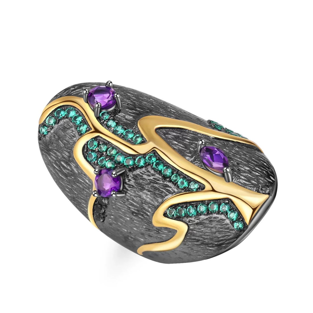 925 Sterling Silver Natural Amethyst & Nano Emerald Ring: Ref:260821047 // gold content:925 sterling silver // ring size:7. 25us // // main gemstone:amethyst // shape:multiple // carat weight:0. 50ct // color:purple // treatment:natural // // adjacent gemsto