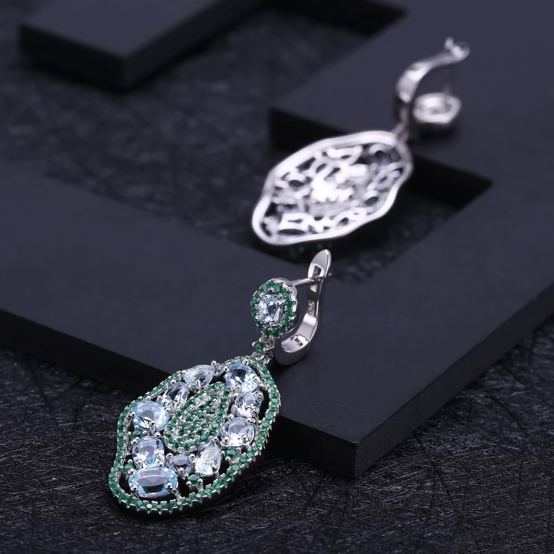 925 Sterling Silver Natural Topaz & Nano Emerald Earrings - 4