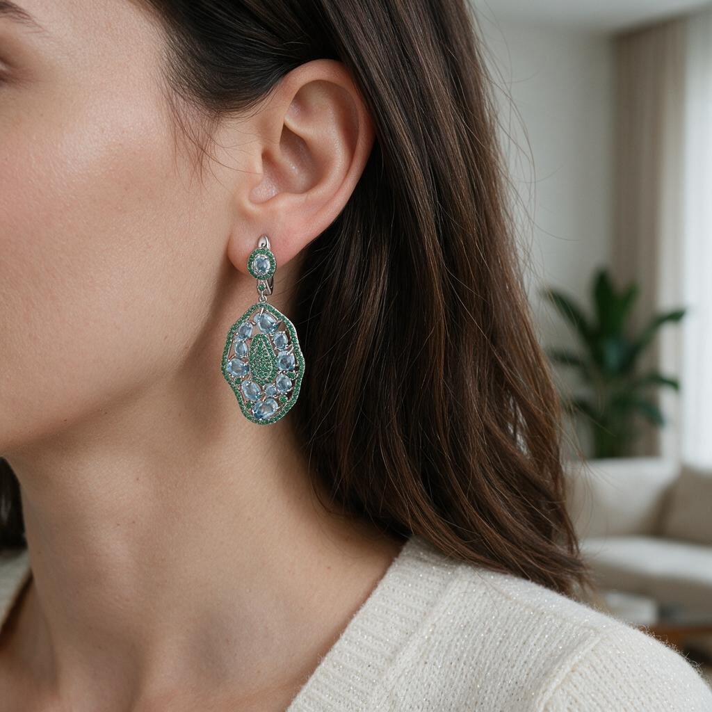 925 Sterling Silver Natural Topaz & Nano Emerald Earrings - 6
