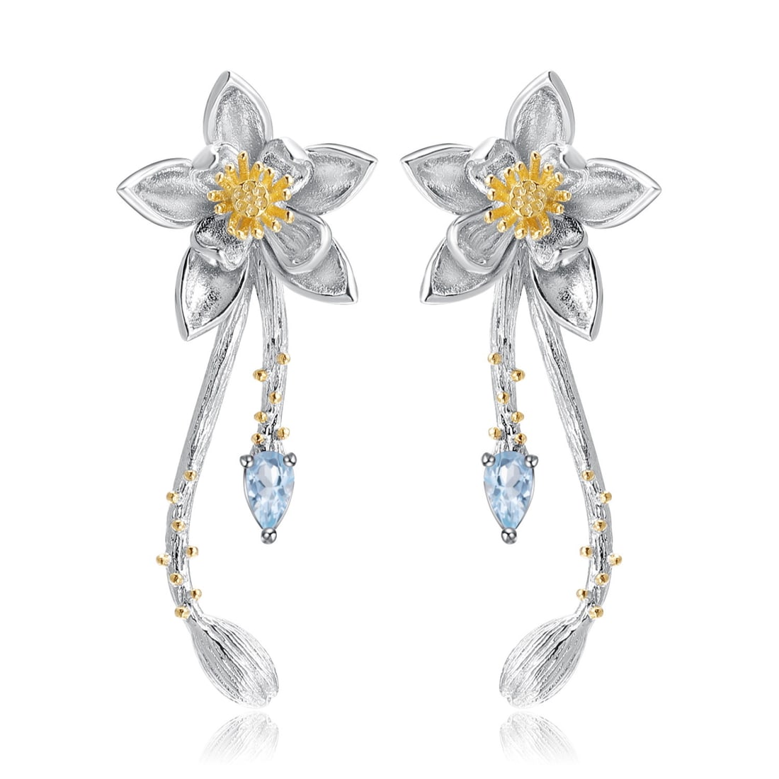 925 Sterling Silver Natural Topaz & Flowers Earrings: Ref:260821049 // gold content:925 sterling silver // main gemstone:topaz // number of stones:2 // shape:pear // carat weight:0. 50ct // color:blue // treatment:natural // Condition: New Low Estimate: