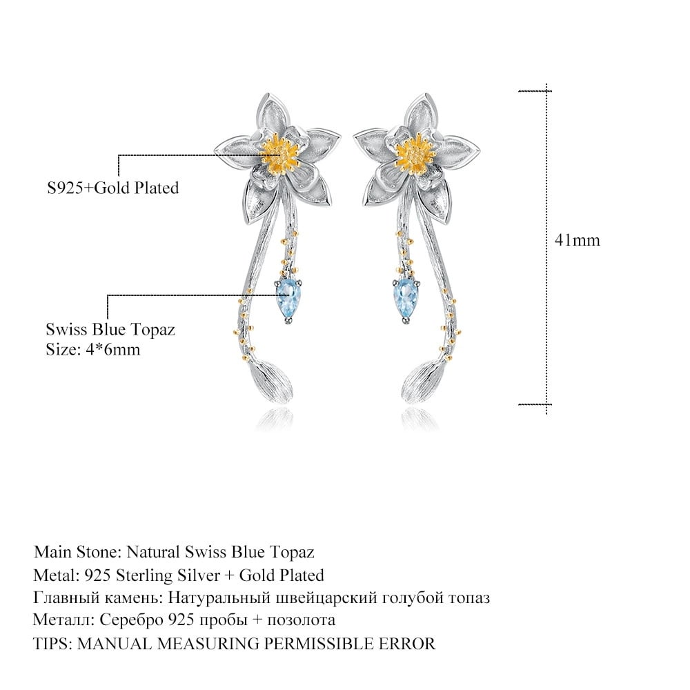 925 Sterling Silver Natural Topaz & Flowers Earrings - 2