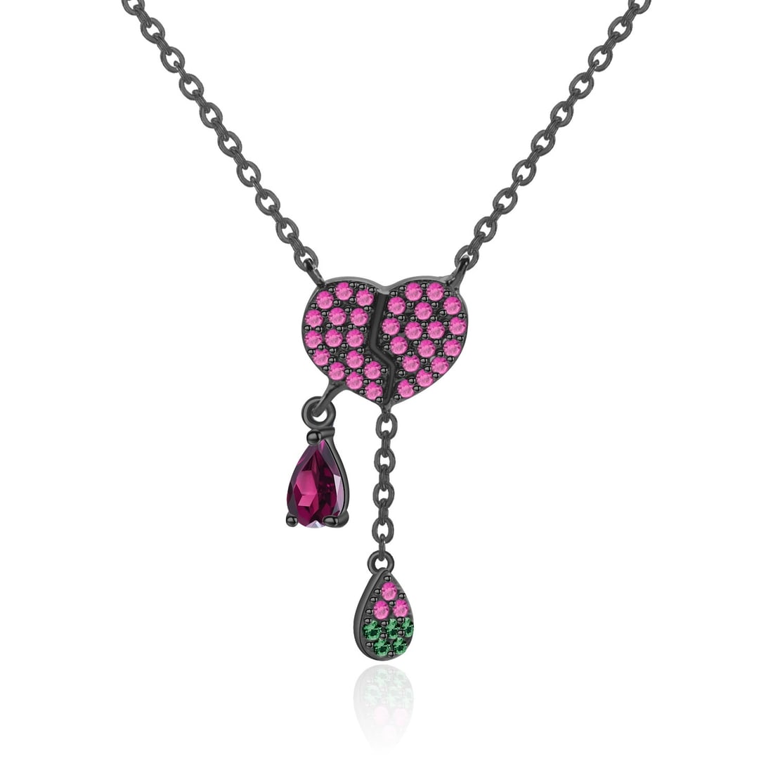 925 Sterling Silver Natural Rhodolite Garnet & Synthetic Ruby & Nano Emerald Necklace: Ref:260821051 // gold content:925 sterling silver // main gemstone:rhodolite garnet // number of stones:1 // shape:pear // carat weight:0. 50ct // color:red // treatment:natural // // adjacent gemston