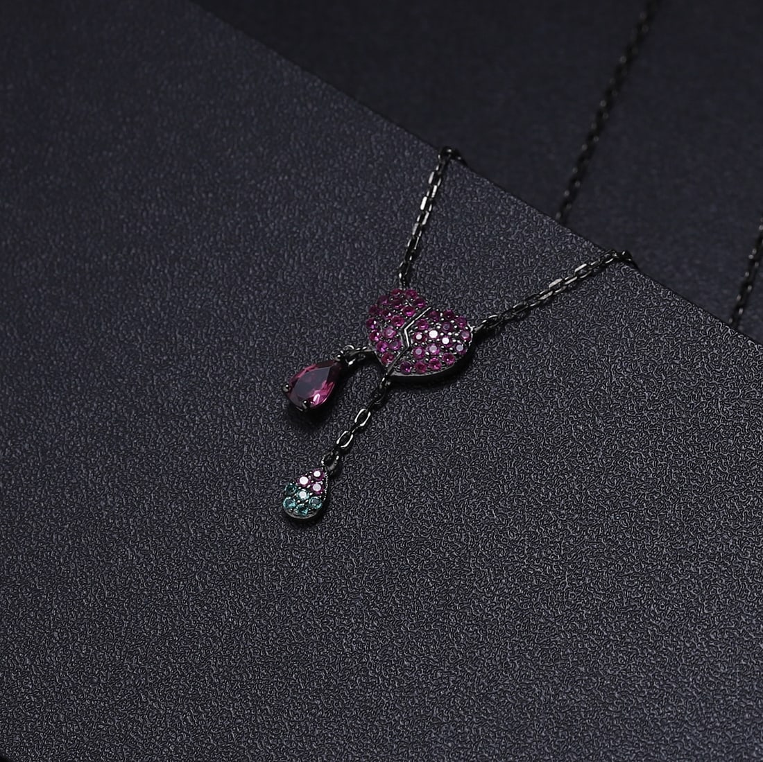 925 Sterling Silver Natural Rhodolite Garnet & Synthetic Ruby & Nano Emerald Necklace - 2