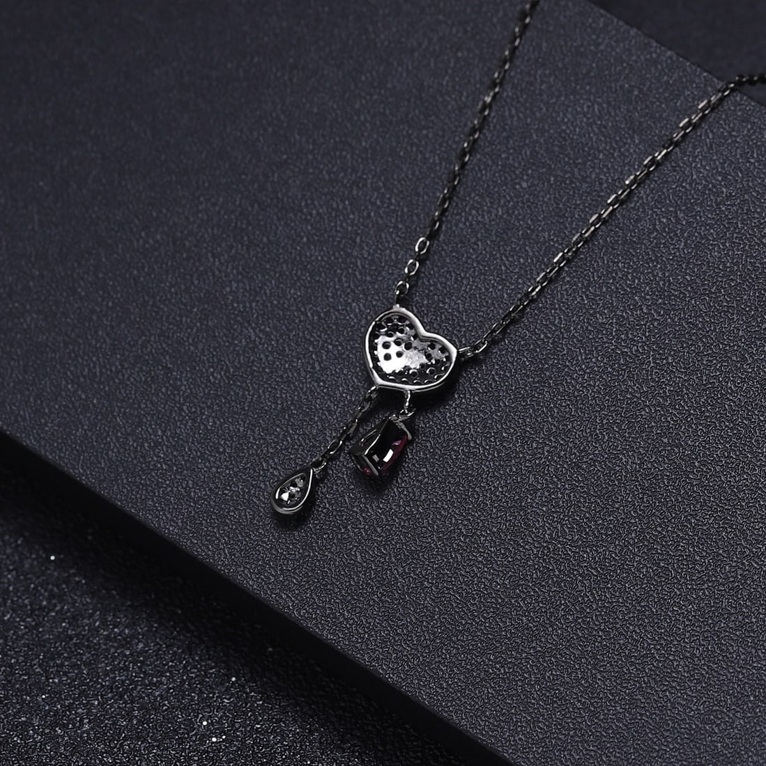 925 Sterling Silver Natural Rhodolite Garnet & Synthetic Ruby & Nano Emerald Necklace - 3