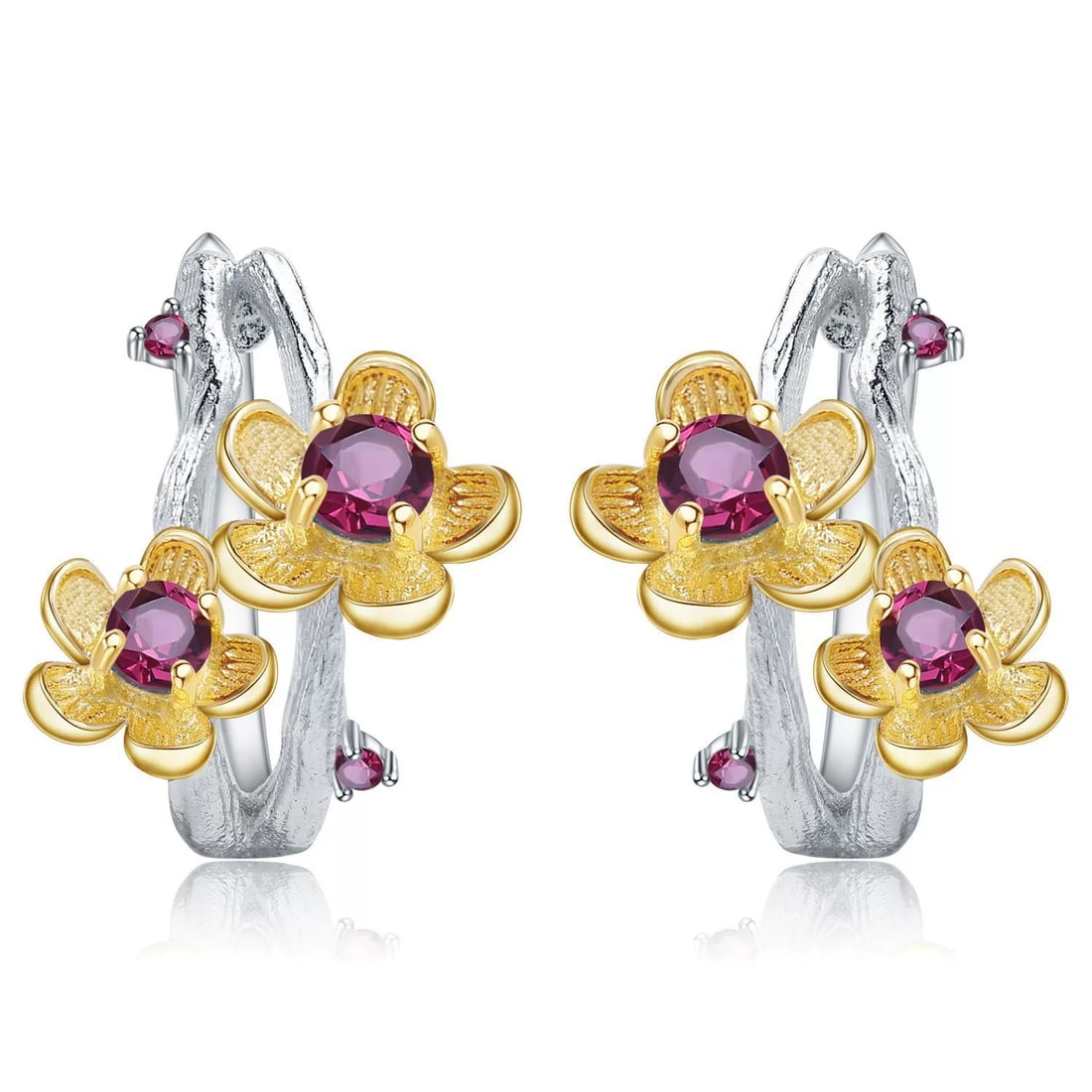 925 Sterling Silver Natural Rhodolite Garnet & Synthetic Ruby & Flowers Earrings: Ref:260821055 // gold content:925 sterling silver // main gemstone:rhodolite garnet // shape:round // carat weight:0. 50ct // color:red // treatment:natural // cut grade:g // // adjacent gemstone 2 : 