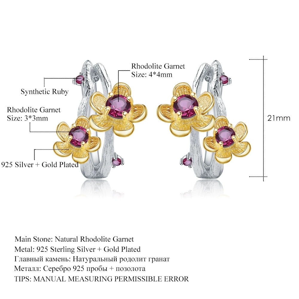 925 Sterling Silver Natural Rhodolite Garnet & Synthetic Ruby & Flowers Earrings - 2