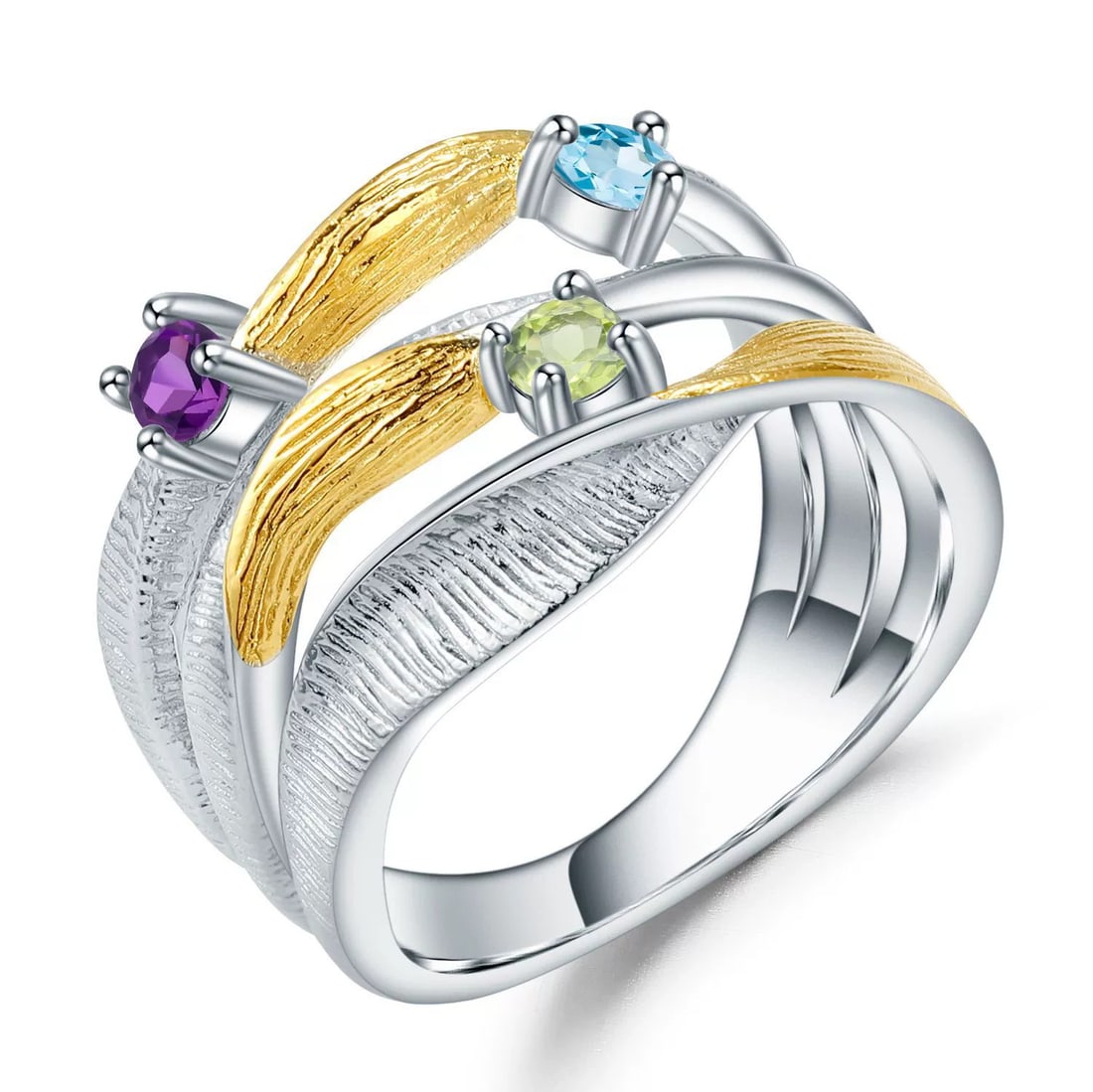 925 Sterling Silver Natural Topaz & Peridot & Amethyst Ring: Ref:260821056 // gold content:925 sterling silver // ring size:7. 25us // // main gemstone:topaz // shape:round // carat weight:0. 50ct // color:blue // treatment:natural // cut grade:g // //
