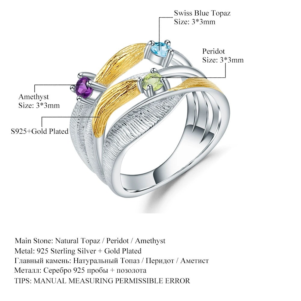 925 Sterling Silver Natural Topaz & Peridot & Amethyst Ring - 3
