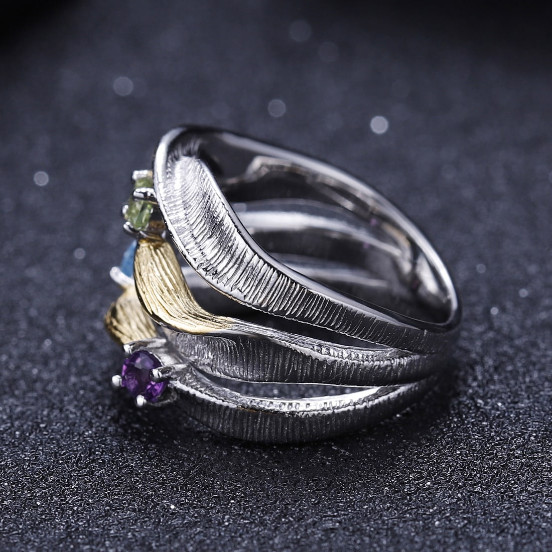 925 Sterling Silver Natural Topaz & Peridot & Amethyst Ring - 4