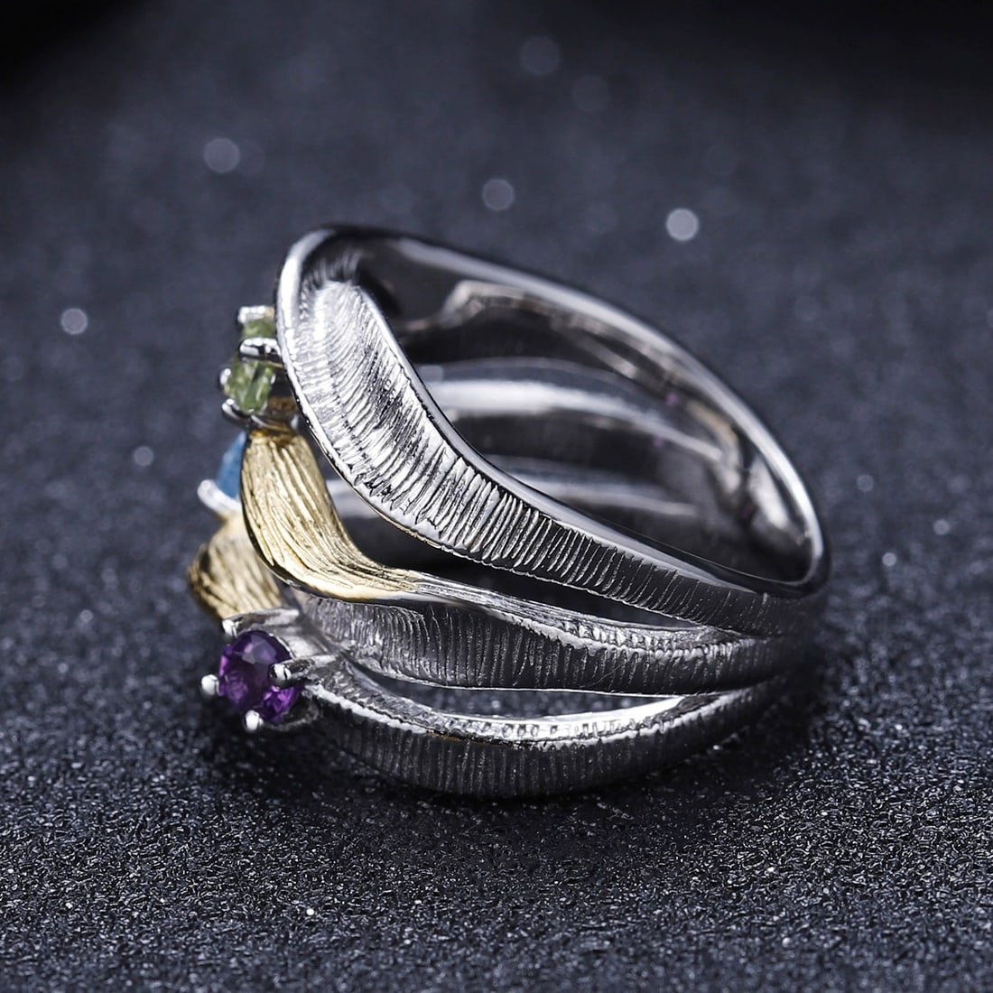 925 Sterling Silver Natural Topaz & Peridot & Amethyst Ring - 7
