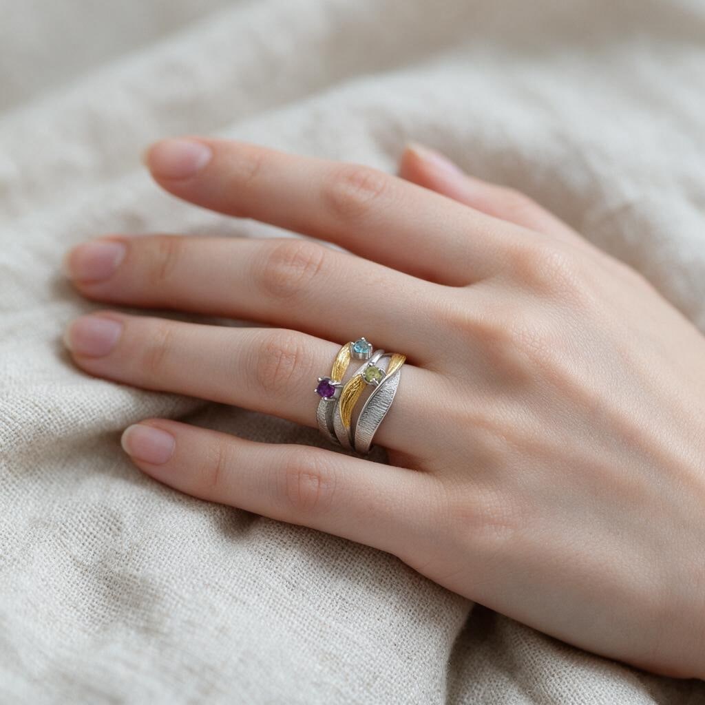 925 Sterling Silver Natural Topaz & Peridot & Amethyst Ring - 8