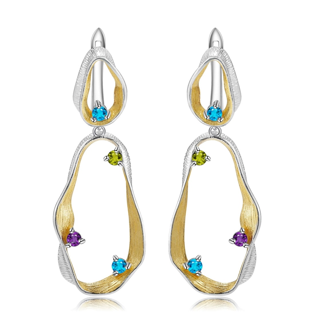 925 Sterling Silver Natural Topaz & Peridot & Amethyst Earrings - 2