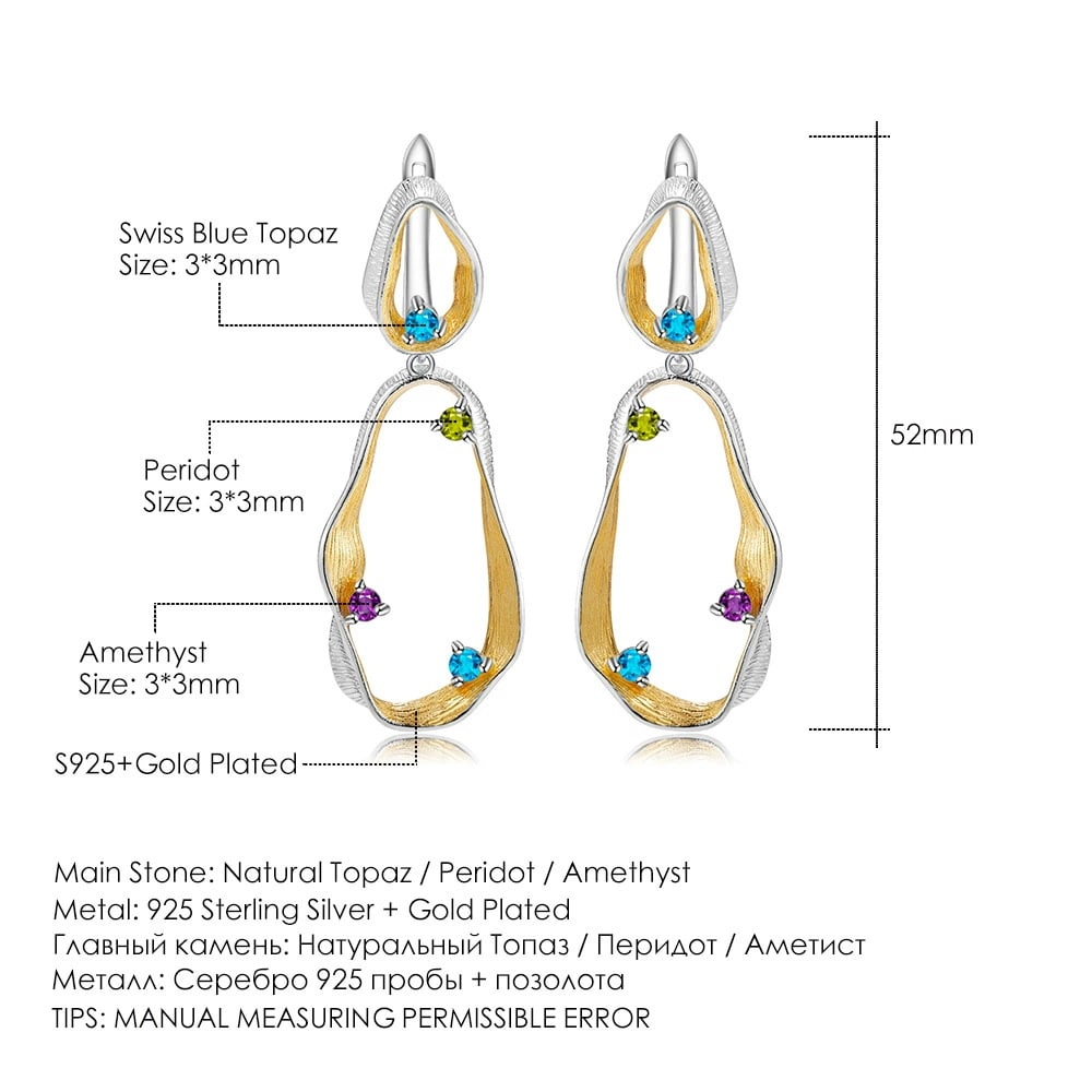 925 Sterling Silver Natural Topaz & Peridot & Amethyst Earrings - 3