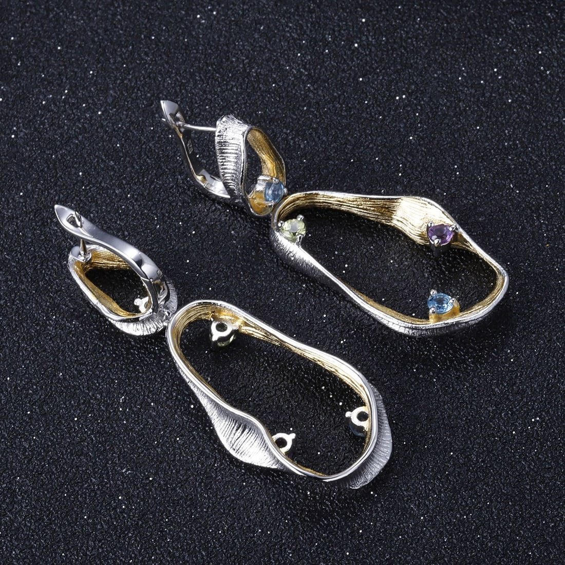 925 Sterling Silver Natural Topaz & Peridot & Amethyst Earrings - 4