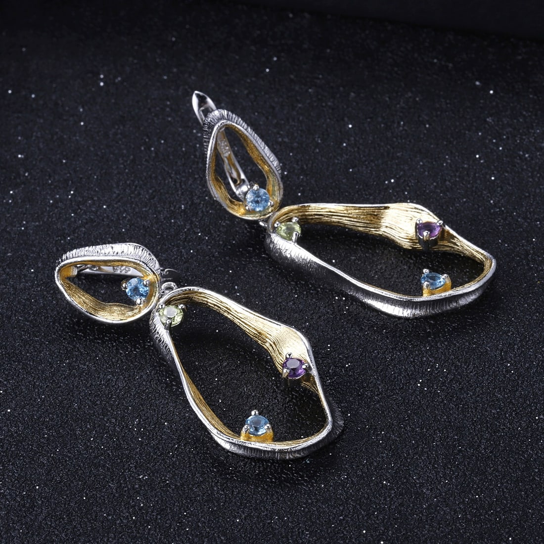 925 Sterling Silver Natural Topaz & Peridot & Amethyst Earrings - 5