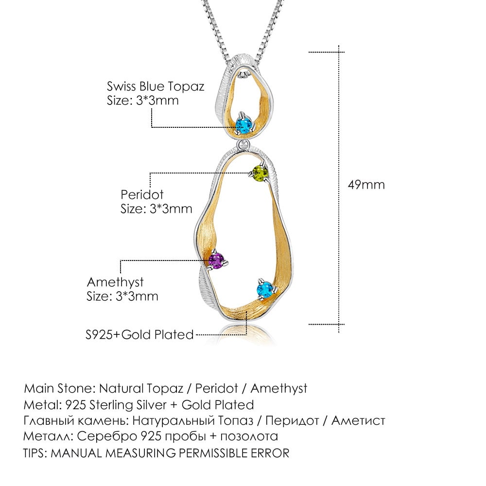 925 Sterling Silver Natural Topaz & Peridot & Amethyst Necklace - 2