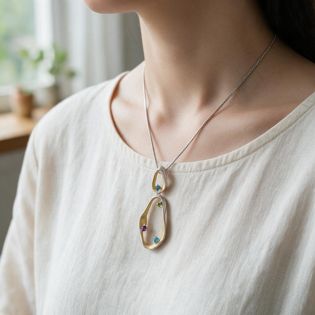 925 Sterling Silver Natural Topaz & Peridot & Amethyst Necklace - 5