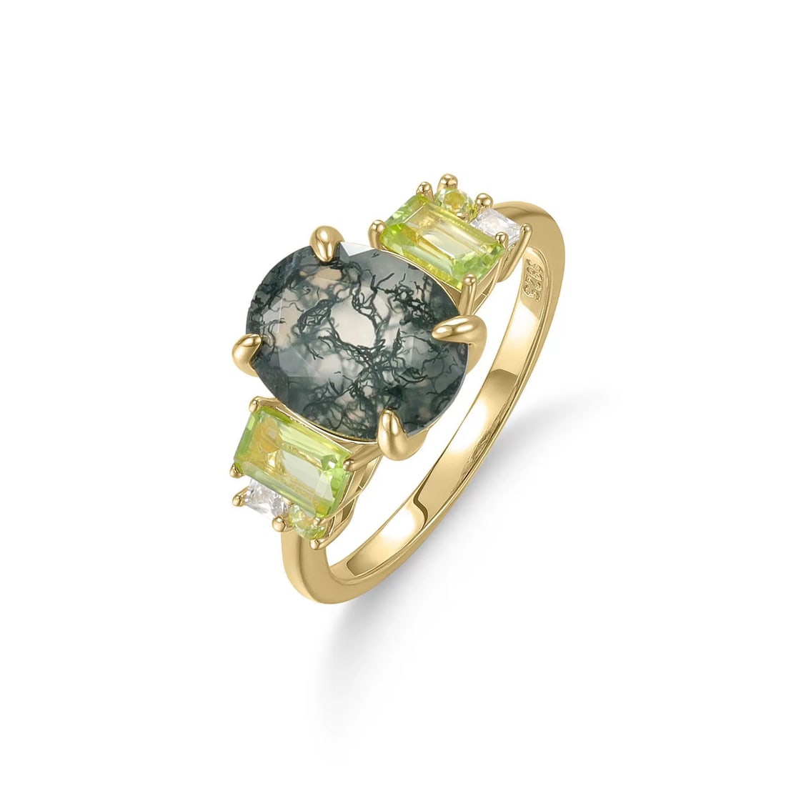925 Sterling Silver 2.80 Ct Natural Moss Agate & Peridot & Cubic Zirconia Ring: Ref:260821060 // gold content:925 sterling silver // ring size:7. 25us // // main gemstone:moss agate // shape:oval // carat weight:2. 80ct // color:green // treatment:natural // // adjacent gemstone 