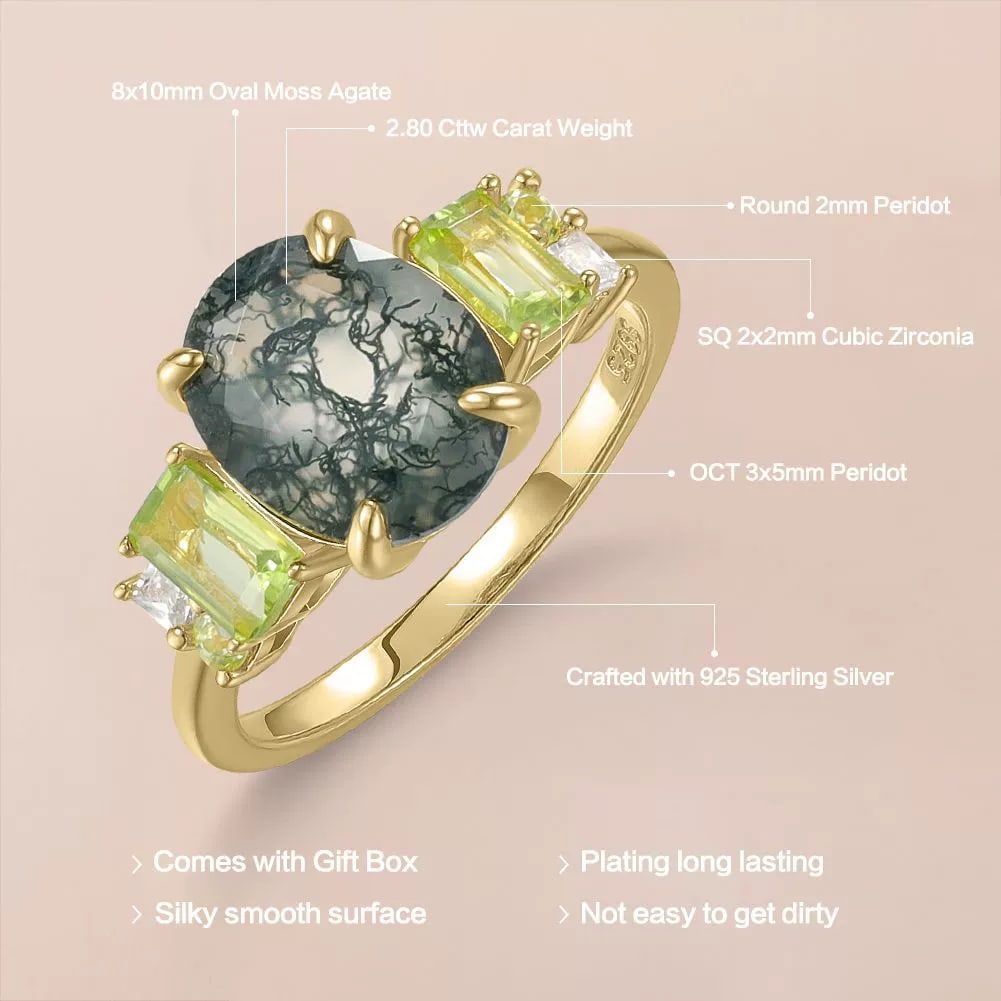 925 Sterling Silver 2.80 Ct Natural Moss Agate & Peridot & Cubic Zirconia Ring - 3