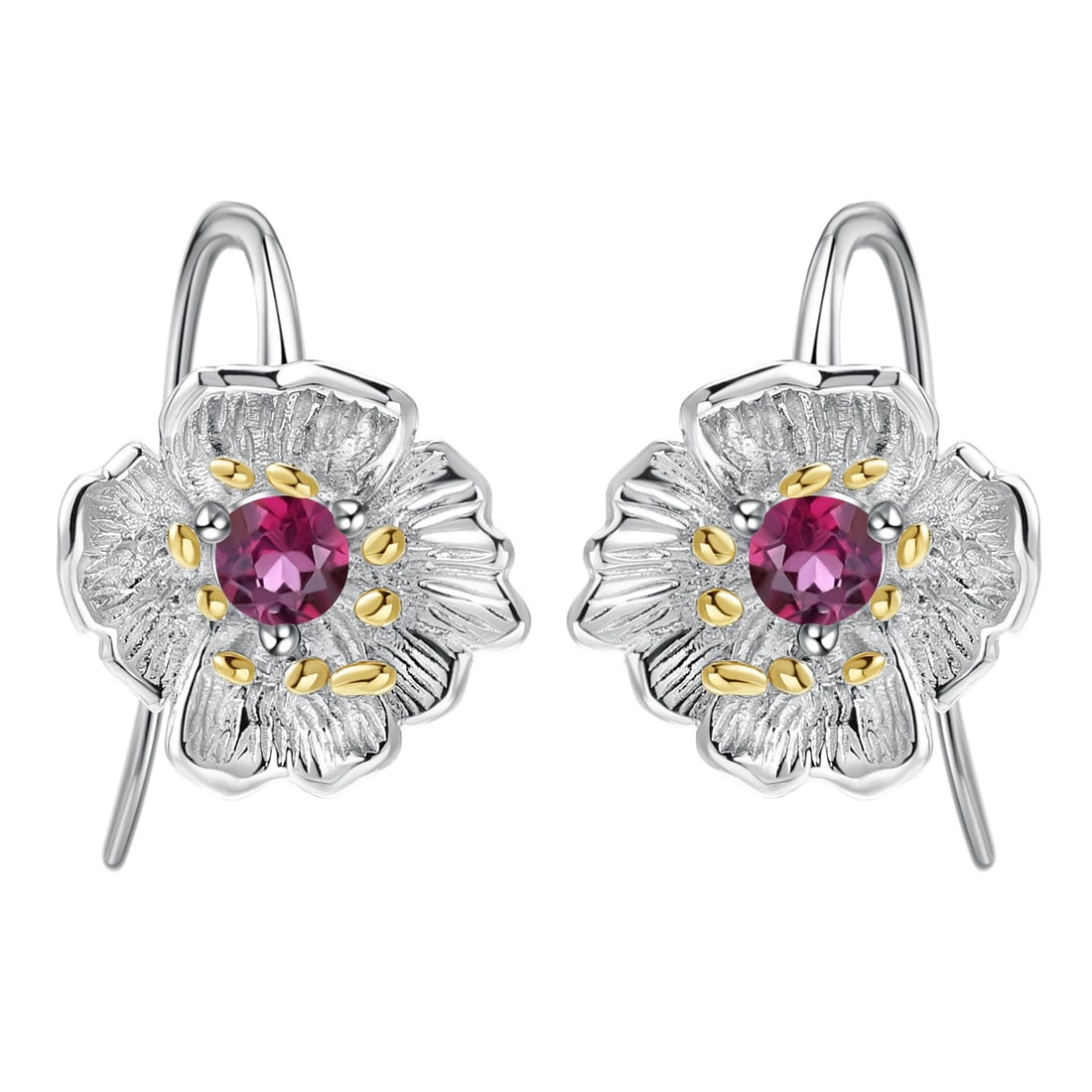 925 Sterling Silver Natural Rhodolite Garnet & Flowers Earrings: Ref:260821061 // gold content:925 sterling silver // main gemstone:rhodolite garnet // shape:round // carat weight:0. 50ct // color:red // treatment:natural // cut grade:g // Condition: New Low Estima