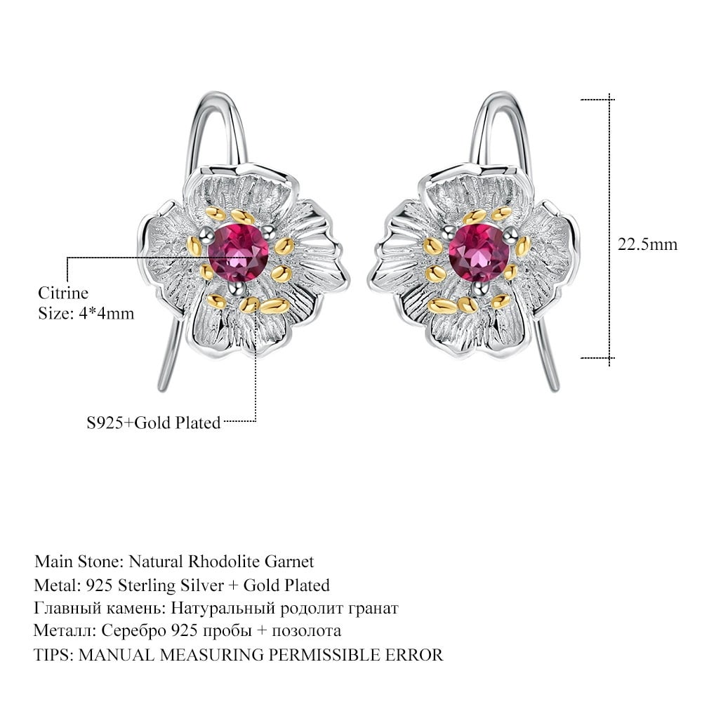 925 Sterling Silver Natural Rhodolite Garnet & Flowers Earrings - 4