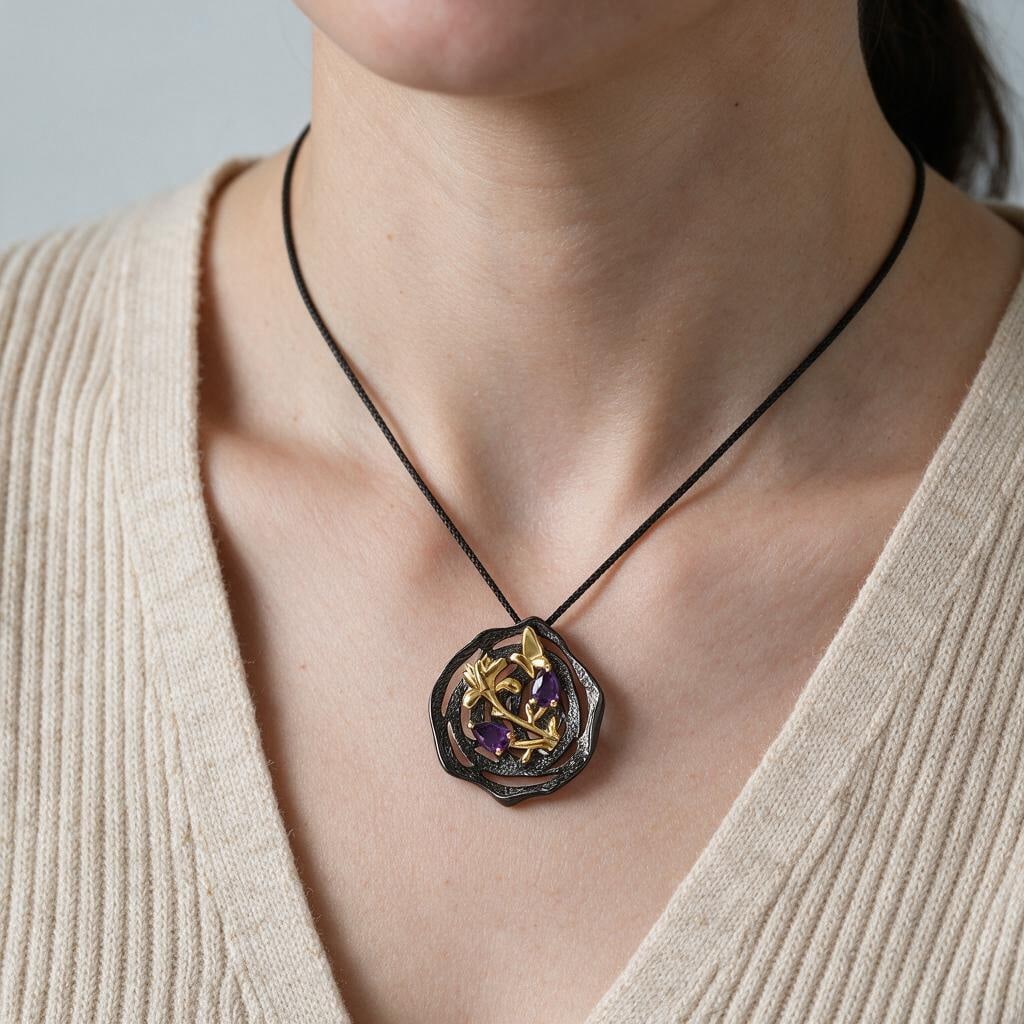 925 Sterling Silver Natural Amethyst Necklace - 7