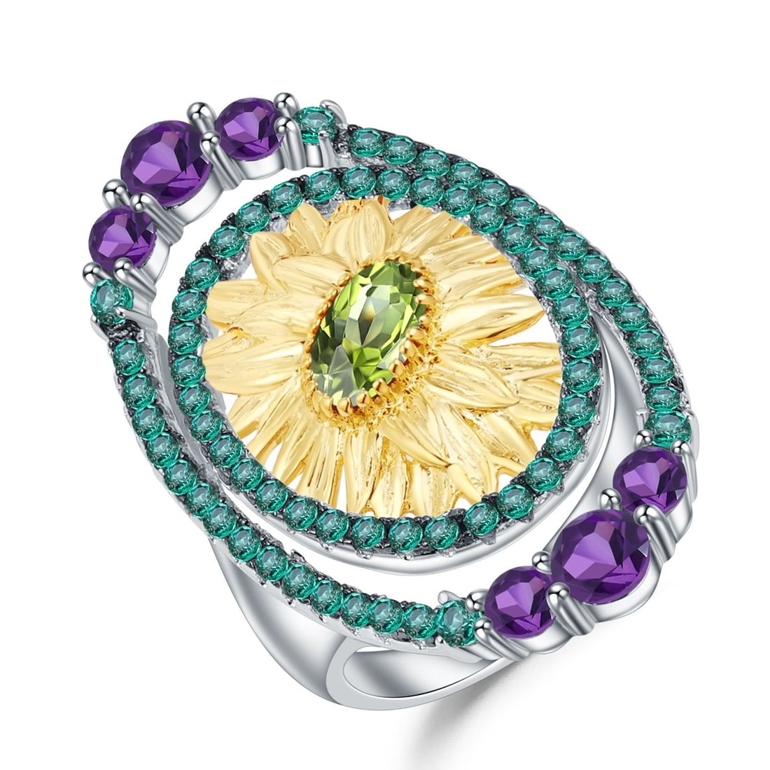 925 Sterling Silver Natural Peridot & Amethyst & Nano Emerald Ring: Ref:260821063 // gold content:925 sterling silver // ring size:7. 25us // // main gemstone:peridot // shape:oval // carat weight:0. 50ct // color:green // treatment:natural // // adjacent gemstone 2 :