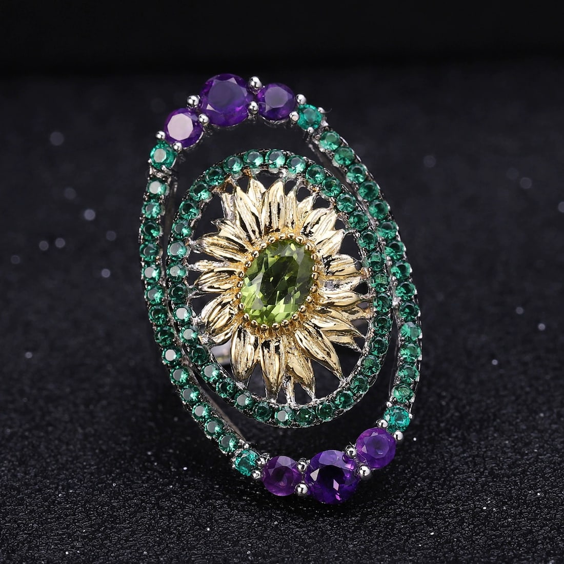 925 Sterling Silver Natural Peridot & Amethyst & Nano Emerald Ring - 2