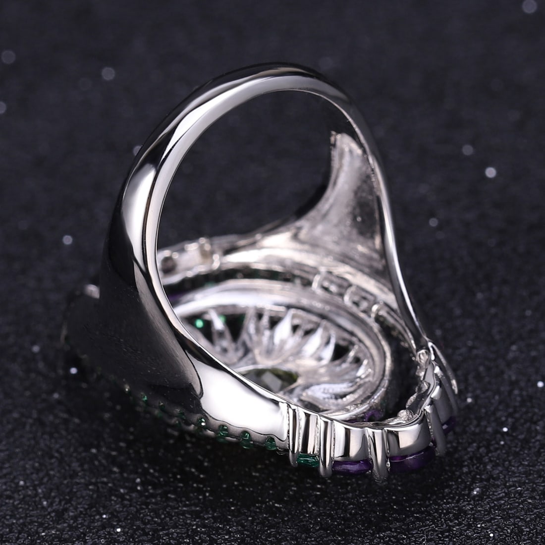 925 Sterling Silver Natural Peridot & Amethyst & Nano Emerald Ring - 4