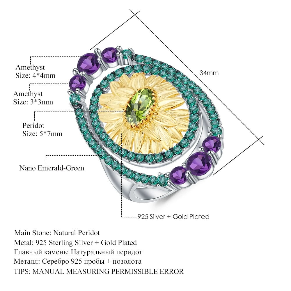 925 Sterling Silver Natural Peridot & Amethyst & Nano Emerald Ring - 6