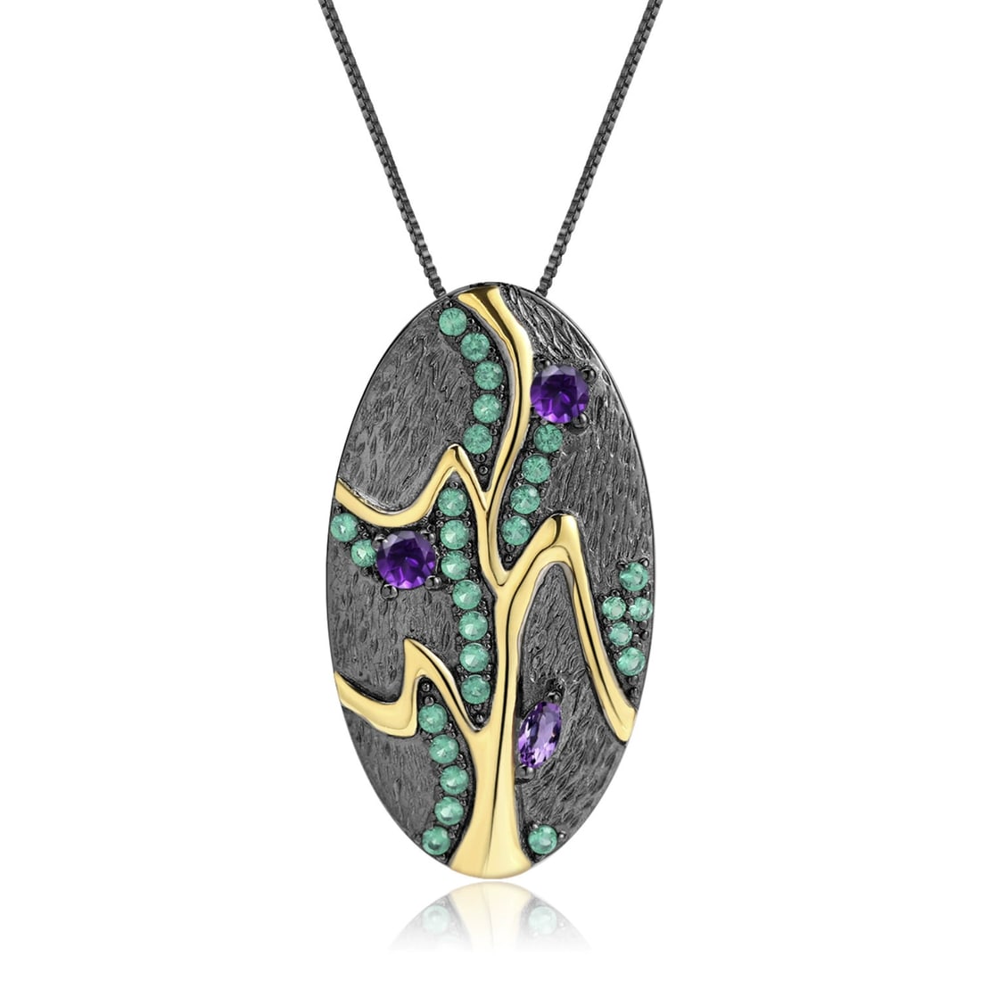 925 Sterling Silver Natural Amethyst & Nano Emerald Necklace: Ref:260821067 // gold content:925 sterling silver // main gemstone:amethyst // shape:multiple // carat weight:0. 50ct // color:purple // treatment:natural // // adjacent gemstone 2 : nano emerald //