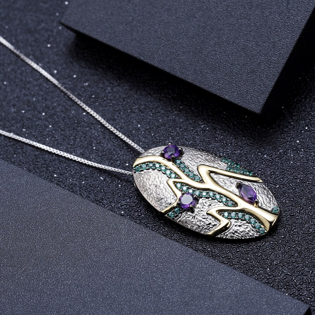 925 Sterling Silver Natural Amethyst & Nano Emerald Necklace - 5