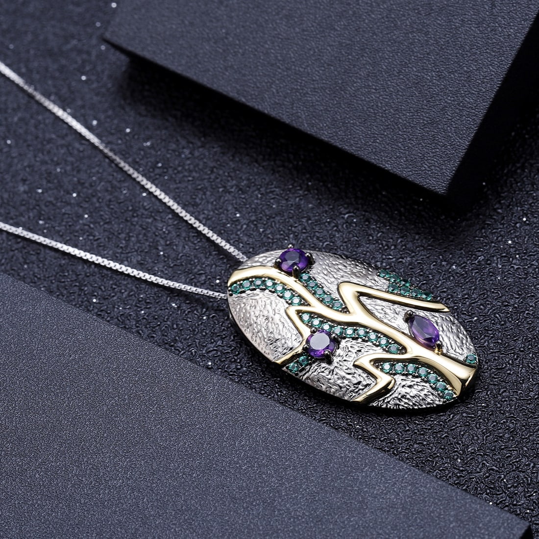925 Sterling Silver Natural Amethyst & Nano Emerald Necklace - 6