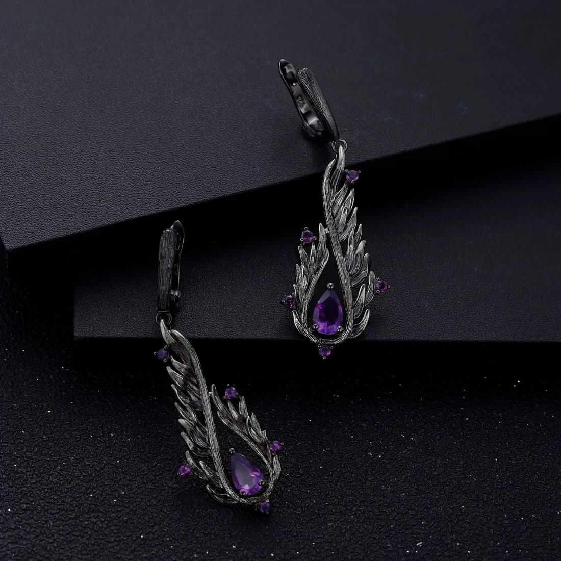 925 Sterling Silver Natural Amethyst & Amethyst Earrings - 2