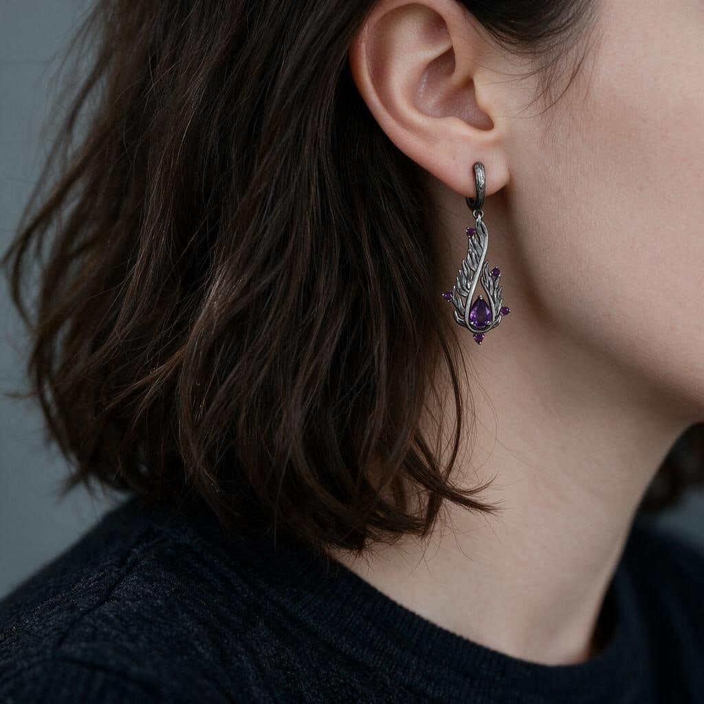 925 Sterling Silver Natural Amethyst & Amethyst Earrings - 4