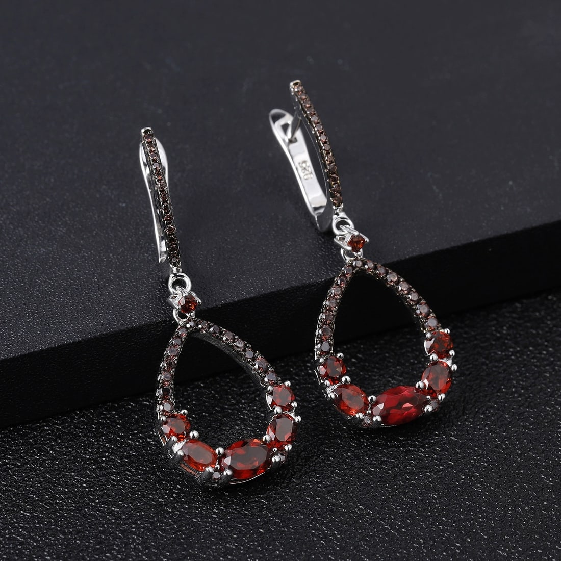 925 Sterling Silver Natural Garnet & Garnet & Nano Smoky Earrings - 4