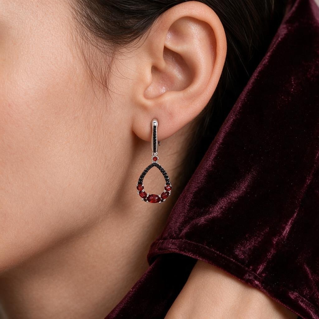 925 Sterling Silver Natural Garnet & Garnet & Nano Smoky Earrings - 7