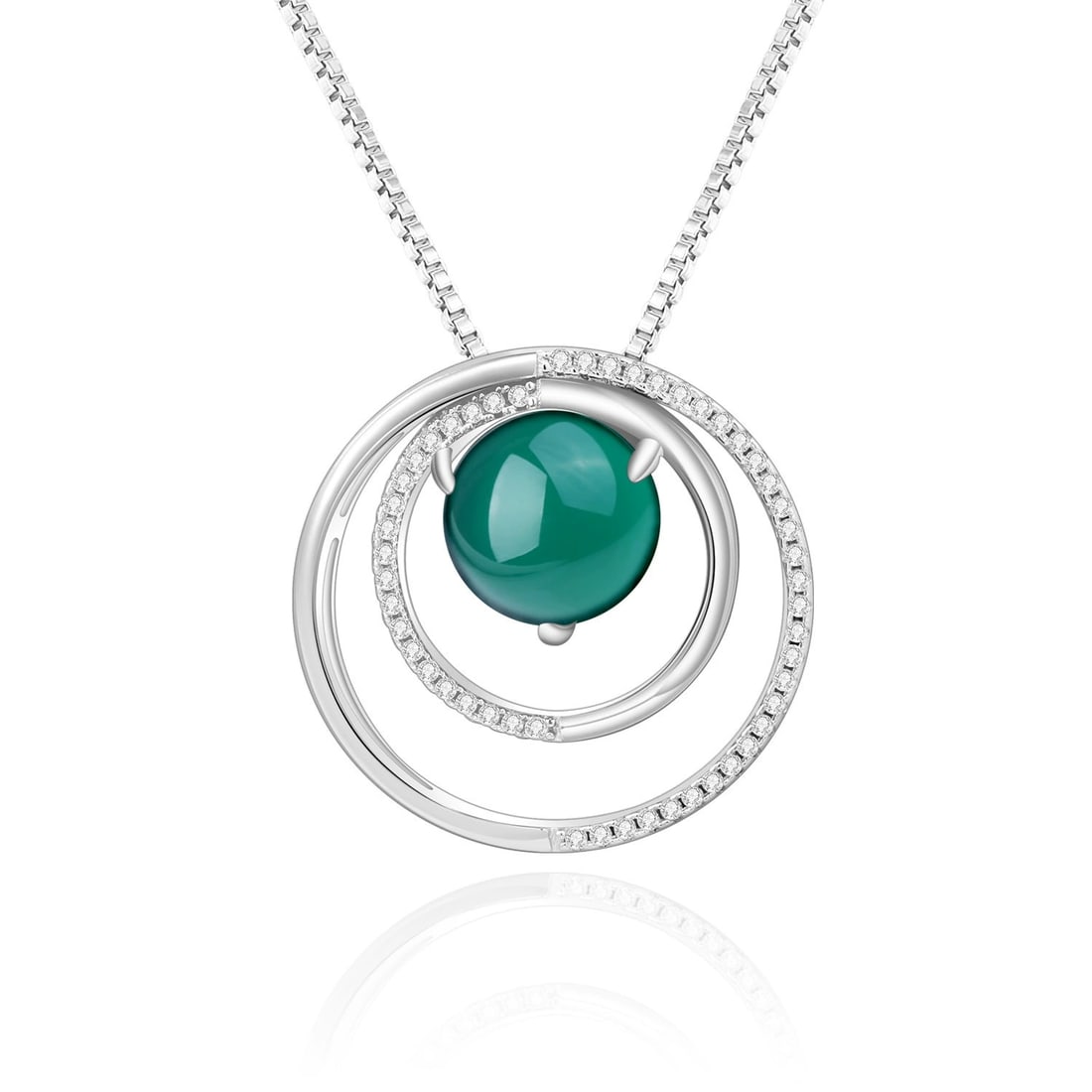 925 Sterling Silver Natural Agate & Cubic Zirconia Necklace: Ref:260821077 // gold content:925 sterling silver // main gemstone:agate // shape:round // carat weight: // color:green // treatment:natural // cut grade:g // // adjacent gemstone 2 : cubic zirconia