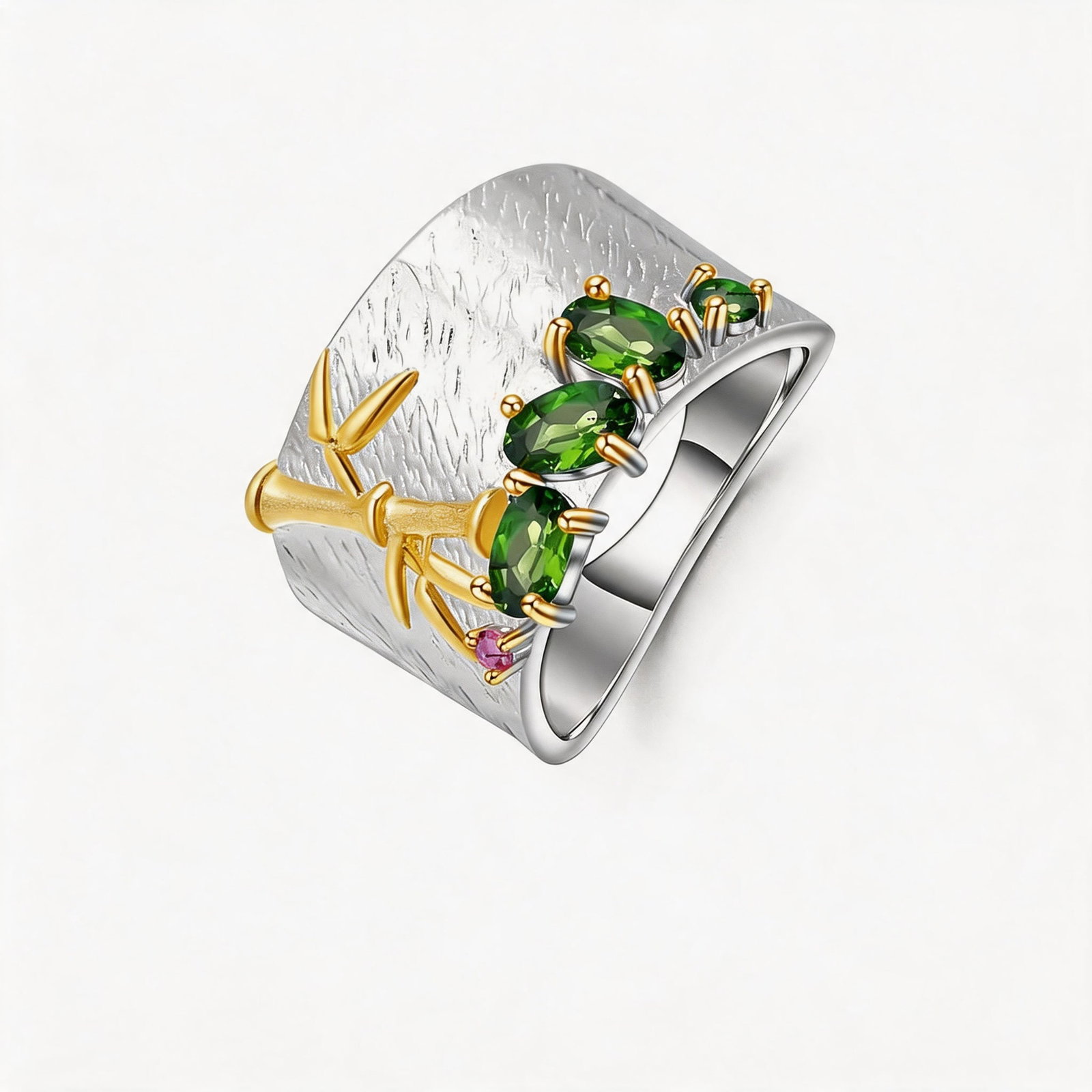 925 Sterling Silver Natural Chrome Diopside & Synthetic Ruby Ring - 2