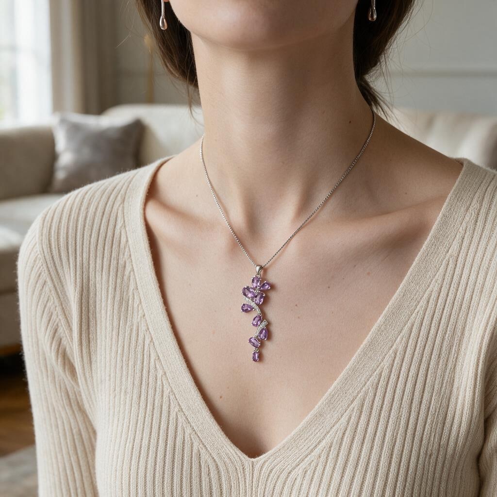 925 Sterling Silver Natural Amethyst & Cubic Zirconia Necklace - 7