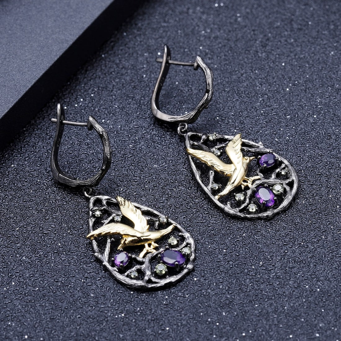 925 Sterling Silver Natural Amethyst & Peridot Earrings - 4